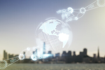 Poster - Abstract virtual robotics technology hologram with globe sketch on blurry skyline background. Robot development and automation concept. Multiexposure