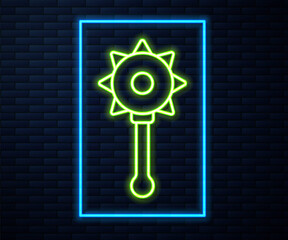 Poster - Glowing neon line Medieval chained mace ball icon isolated on brick wall background. Medieval weapon. Vector.