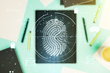 Poster - Double exposure of abstract creative fingerprint hologram and modern digital tablet on background, protection of personal information concept