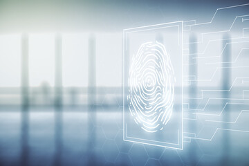Poster - Double exposure of virtual creative fingerprint hologram on empty modern office background, research and development concept