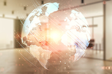 Poster - Multi exposure of abstract creative digital world map hologram on modern corporate office background, research and analytics concept