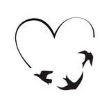 Fototapeta Koty - Black line heart, flying birds. Vector illustration sign.