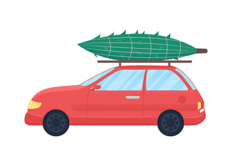 Poster - Christmas tree on car flat color vector object. Festive purchase. New Year celebration. Winter holiday preparation isolated cartoon illustration for web graphic design and animation