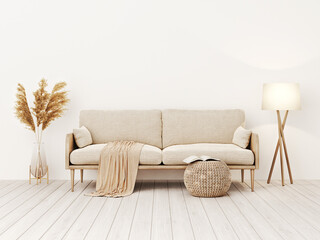 Living room interior wall mockup in warm tones with beige linen sofa, dried Pampas grass, woven table and boho style decoration on empty wall background. 3D rendering, illustration.