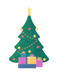 Poster - Christmas tree flat color vector object. Festive decoration. Winter holiday present. Wrapped gifts. Christmas celebration isolated cartoon illustration for web graphic design and animation