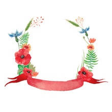 Watercolor Summer Wreath With Field Flowers And Herbs. Hand Painted Poppy, Cornflower, Spikelet, Horsetail Field, Buttercup And Red Vintage Ribbon. Vector Floral Frame