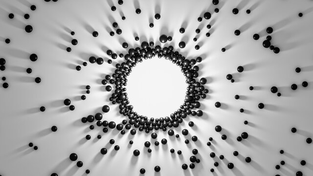 gathering of black spheres to the center light. attraction of objects with long shadows. 3d abstract