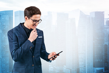 Poster - Young handsome businessman in suit and glasses using phone and thinking how to tackle the problem, new career opportunities, MBA. Singapore on background. Double exposure.