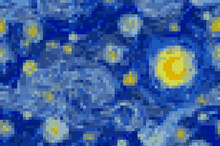 Abstract Pixel Art Background, Vector Illustration Inspired By The Painting Of Vincent Van Gogh, Moonlit Night. Glowing Moon And Starry Sky Abstract Background Impressionist Colors In A Modern Version