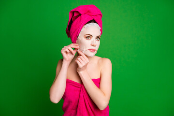 Poster - Photo of beautiful lady in shower taking off cotton face mask wear towels body head isolated green color background