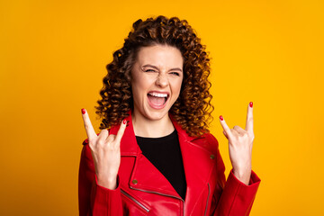 Canvas Print - Close-up portrait of her she nice cool crazy cheerful wavy-haired girl showing two horn symbol isolated bright vivid shine yellow color background