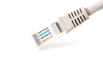 Closeup head RJ45 cable cladding color, LAN network connection ethernet cable isolated on white background.