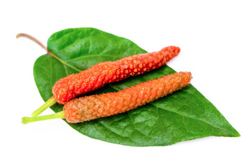 Sticker - Fresh Idian long pepper ( Piper Longum, Piper retrofractum ) with green leaves isolated on white background 