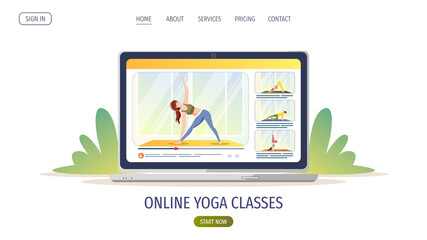 Wall Mural - Laptop screen with videos of people doing yoga exercises on the mat. Online yoga classes, wellness, healthy lifestyle, sport, fitness concept. Vector illustration for poster, banner, website.