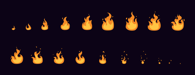 Fire Flame animation. Sheet of fire, torch, campfire for ui games, cartoons, videos. Vector illustration