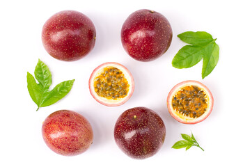 Poster - passion fruit ( Maracuya ) with green leaf and slice isolated on white background . top view.