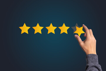 Poster - Customer satisfaction and product service evaluation concept , Hand holding and put yellow star to five stars with copy space.