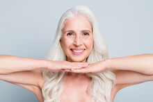 Photo Of Beautiful Aged White Hair Lady After Plastic Facial Shape Hold Arms Under Chin Isolated Grey Color Background