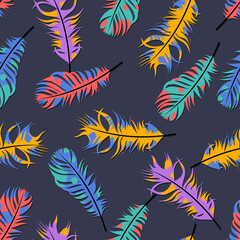  Feathers seamless pattern on dark background. vector illustration.