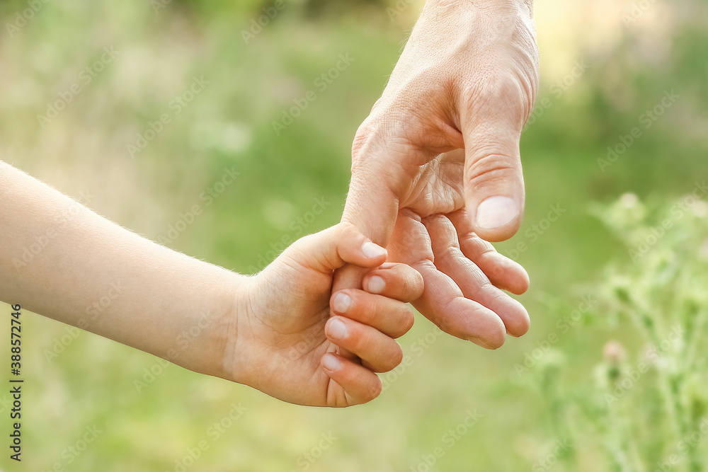 hands of parent and child in nature - obrazy, fototapety, plakaty 