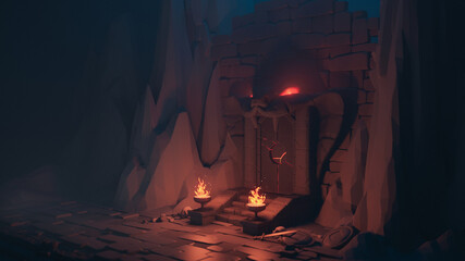 Sticker - 3d illustration of low poly mystical cave. Above the gate is stone sculpture of head of cobra with glowing red eyes. Burning torches on the sides of the stairs. Skulls, swords, shields lie on ground.