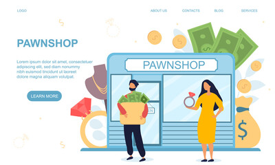 Poster - Pawnshop concept. Website, landing page or web page template. Pawnshop building, customers holding money, diamond ring. Vector illustration