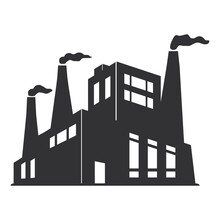 Black Silhouette Of A Factory With Smoking Chimneys. Industrial Building Facade. Factory Icon For Website. Air Pollution.Facility Symbol.Plant Sign.Vector Flat Illustration.Isolated White Background.