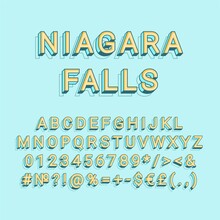 Niagara Falls Header Vintage 3d Vector Alphabet Set. Retro Bold Font, Typeface. Pop Art Stylized Lettering. Old School Style Letters, Numbers, Symbols Pack. 90s, 80s Creative Typeset Design Template