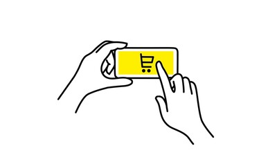 Online shopping icon on smart-phone screen. Human hand presses the shopping button. Vector illustration.