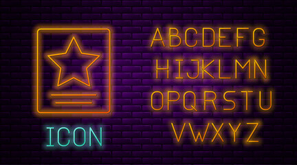 Sticker - Glowing neon line Hollywood walk of fame star on celebrity boulevard icon isolated on brick wall background. Famous sidewalk, boulevard actor. Neon light alphabet. Vector.