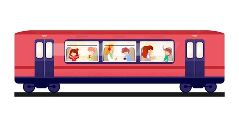 Train with children in windows traveling background. People moving in train. Country scene view with transport vector illustration. Boys and girls in carriage on white background