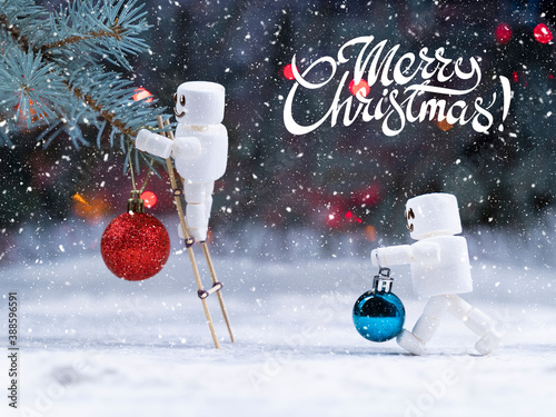 Fotografía Jolly cute marshmallow snowman decorate christmas tree by red and blue christma