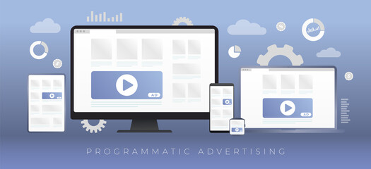 programmatic advertising business concept on different digital gadgets. online advertising media blo