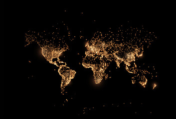 earth night map. vector illustration of cities lights from space. dark globe map