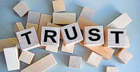 The inscription TRUST on wooden cubes isolated on a light background, the concept of business and finance.