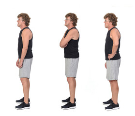 side  view of a same man wearing sports tank tops and shorts and various poses on white background.