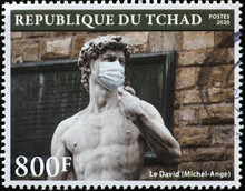 David By Michelangelo With Antivirus Mask On Postage Stamp