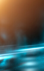 Dark street, wet asphalt, reflections of rays in the water. Abstract dark blue background, smoke, smog. Empty dark scene, neon light, spotlights. Concrete floor
