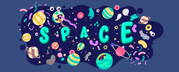 Wall Mural - big set of space objects and elements, painted cartoon style, illustration with outline. vector illu