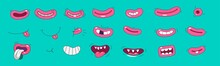 Big Set Of Cartoon Mouths And Smiles. Painted Style, Illustration With Outline. Vector Illustration.