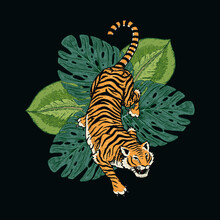 Japanese Tigers With Tropical Leaves. Wild Animal With Green Plants. Banner Or Poster For Advertising Or Web.
