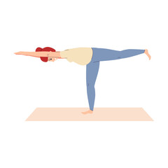 Wall Mural - Pregnant woman standing in yoga asana on mat, flat vector illustration isolated.