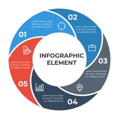 Poster - circle infographic element vector with 5 options, steps, list, parts. can be used for workflow, timeline, banner, brochure, social media post, etc