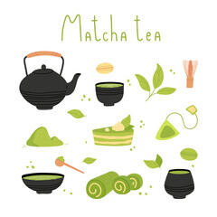 Wall Mural - Set of various tea products made from matcha. Matcha powder, whisk, macarons, cake, bamboo spoon, teapot, drink, sweets, tea. Hand drawn vector set with lettering. Colored trendy illustration