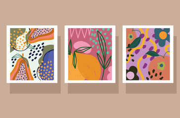 Poster - doodle contemporary set banners with fruits leaves and abstract shapes