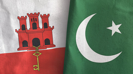 Pakistan and Gibraltar two flags textile cloth 3D rendering