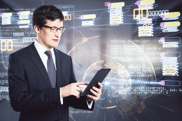 Aufkleber - Man with digital tablet in hand on the background of abstract programming language, online coding concept