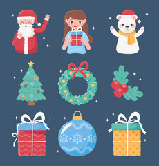 Poster - merry christmas celebration decoration icons girl bear santa tree wreath ball gifts