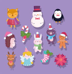 Poster - merry christmas, cute snowman bear penguin deer bunny fox flower sock cartoon icons