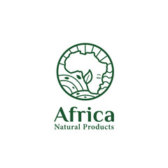 Wall Mural - Africa natural products logo icon badge symbol with green leaf, ocean wave, and african map with face silhouette illustration vector in monoline